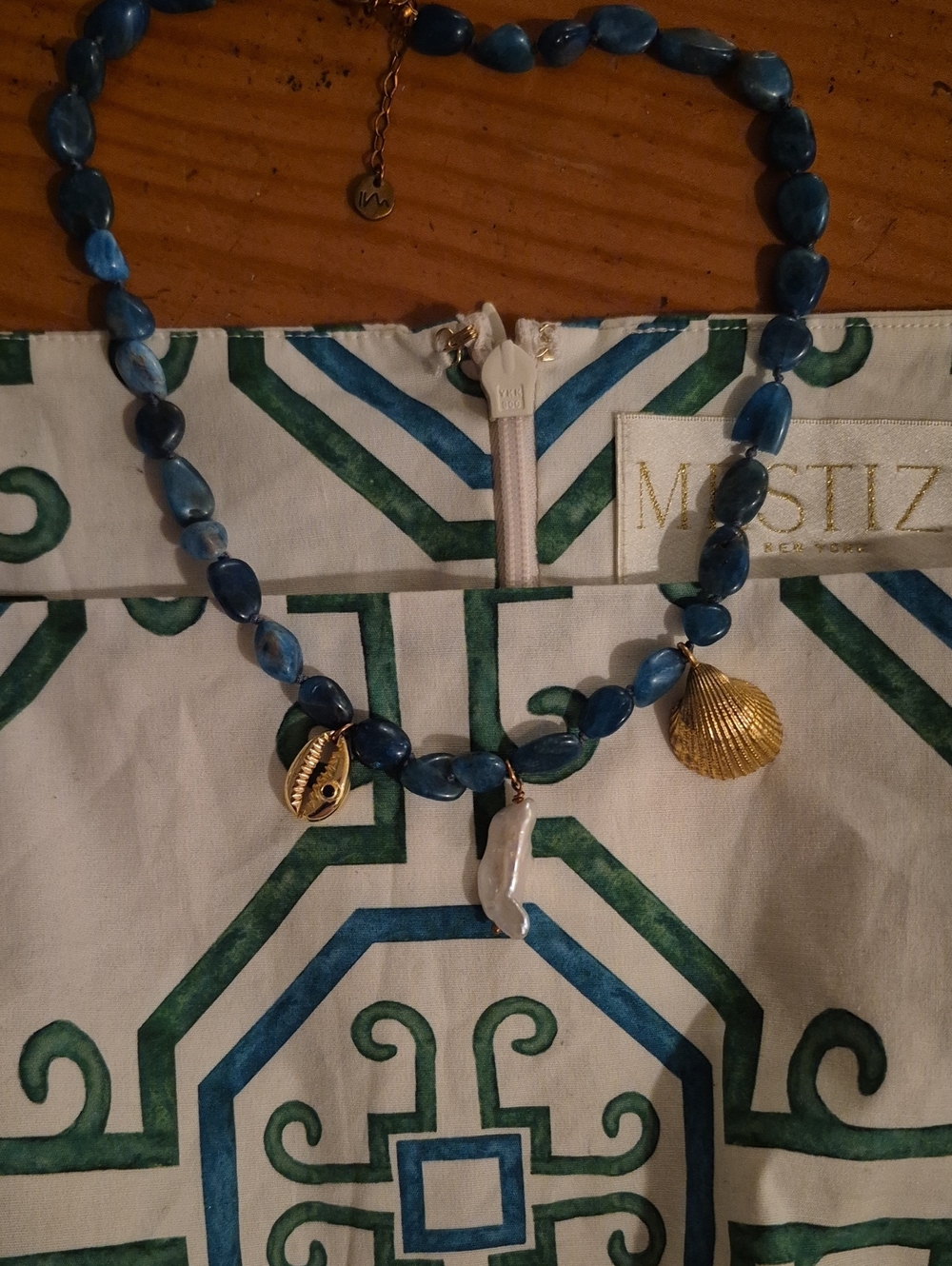 Blue Beaded Shell Charm Necklace